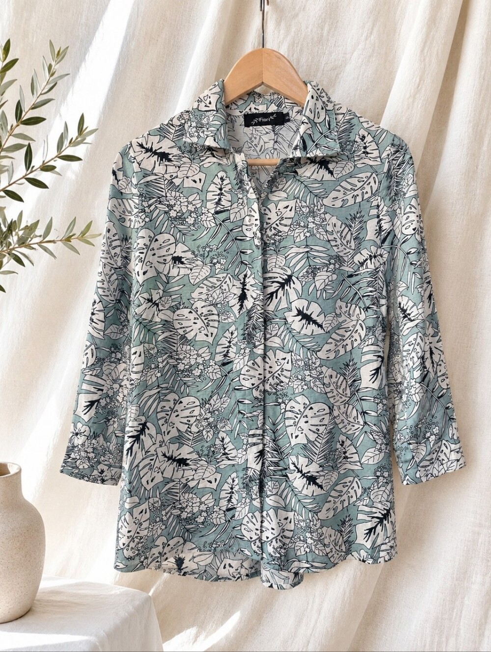 Fiori Tropical Leaf Button Front Blouse Sage  Lightweight Sage Resortwear